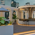 Modern Restaurant Terrace With City Night View Green Plants And Bar Seating