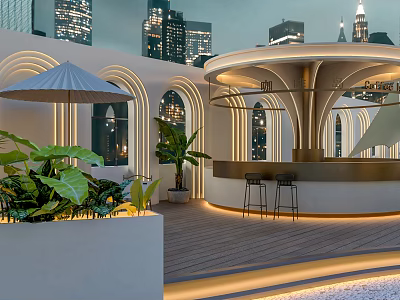 Modern Restaurant Terrace With City Night View Green Plants And Bar Seating 3d model