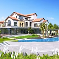Luxury Villa Garden Landscape With Curved Swimming Pool Palm Trees Lush Lawn And Waterfront View