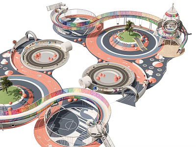 Modern Park Landscape With Colorful Circular Paths Play Areas Trees And Decorative Towers 3d model