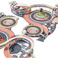 Modern Park Landscape With Colorful Circular Paths Play Areas Trees And Decorative Towers