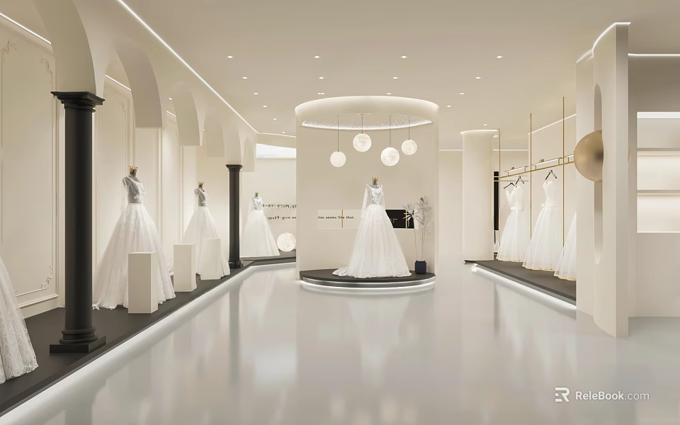 Elegant Bridal Shop Interior With White Wedding Dresses On Mannequins And Chandeliers 3d model 