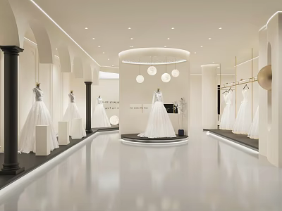 Elegant Bridal Shop Interior With White Wedding Dresses On Mannequins And Chandeliers 3d model