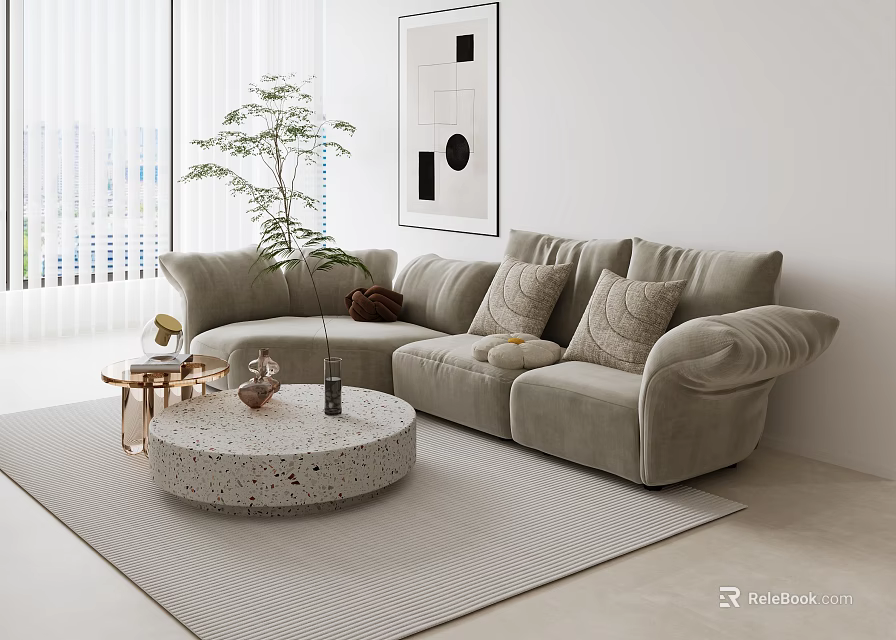 Light Gray L Shaped Sofa And Round Terrazzo Coffee Table Set With Decorative Pillows 3d model 