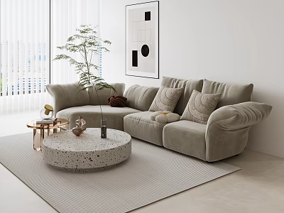 Light Gray L Shaped Sofa And Round Terrazzo Coffee Table Set With Decorative Pillows 3d model