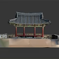 Traditional Korean Pavilion With Gray Tiled Roof And Red Columns By Stone Wall