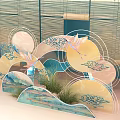 Traditional Artistic Scene Featuring Bamboo Blinds Cranes Fan Shaped Elements Landscape And Clouds