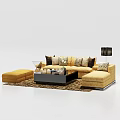 Yellow Sofa and Coffee Table Set with Throw Pillows Ottoman Lamp on Patterned Rug 3d model