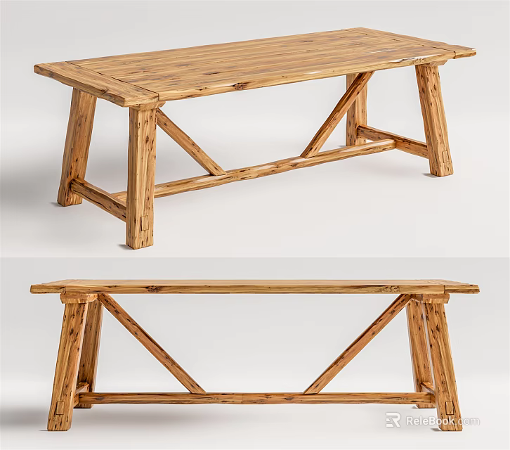 Natural Rustic Wooden Rectangular Dining Table With Crossed Leg Structure Design 3d model 