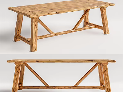Natural Rustic Wooden Rectangular Dining Table With Crossed Leg Structure Design 3d model