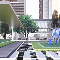 Modern Urban Commercial Landscape With High Rise Buildings Open Courtyard And Lush Greenery Features