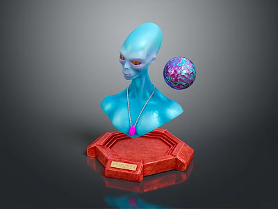 Game Movie Character Blue Alien Bust With Red Pedestal Floating Colorful Sphere And Necklace 3d model