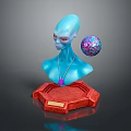 Game Movie Character Blue Alien Bust With Red Pedestal Floating Colorful Sphere And Necklace