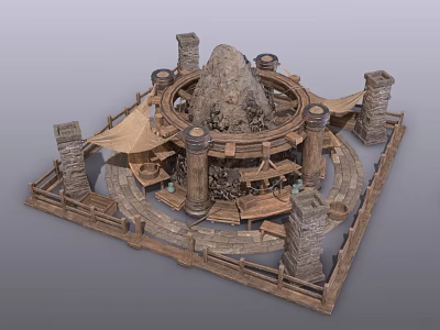 Ancient Circular Building Structure With Stone Pillars Wooden Fencing And Central Rock Mound 3d model