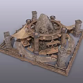 Ancient Circular Building Structure With Stone Pillars Wooden Fencing And Central Rock Mound