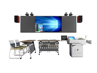Professional Desk Setup With Large Screen Monitor Speakers And Control Console 3d model