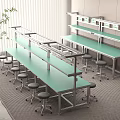 Modern Worktables With Green Tops Metal Frames Wheeled Stools Near Window Blinds And Plant
