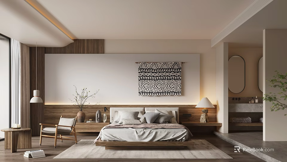 Modern Minimalist Bedroom Interior Design With Wooden Bed Decorative Tapestry And Area Rug 3d model 