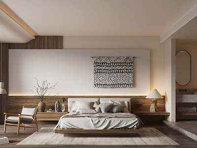 Modern Minimalist Bedroom Interior Design With Wooden Bed Decorative Tapestry And Area Rug 3d model