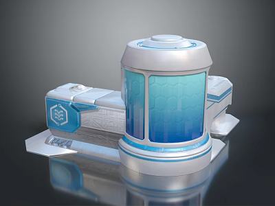 Futuristic Architectural Structure With Blue Transparent Panels Hexagonal Texture And Silver Geometric Base 3d model