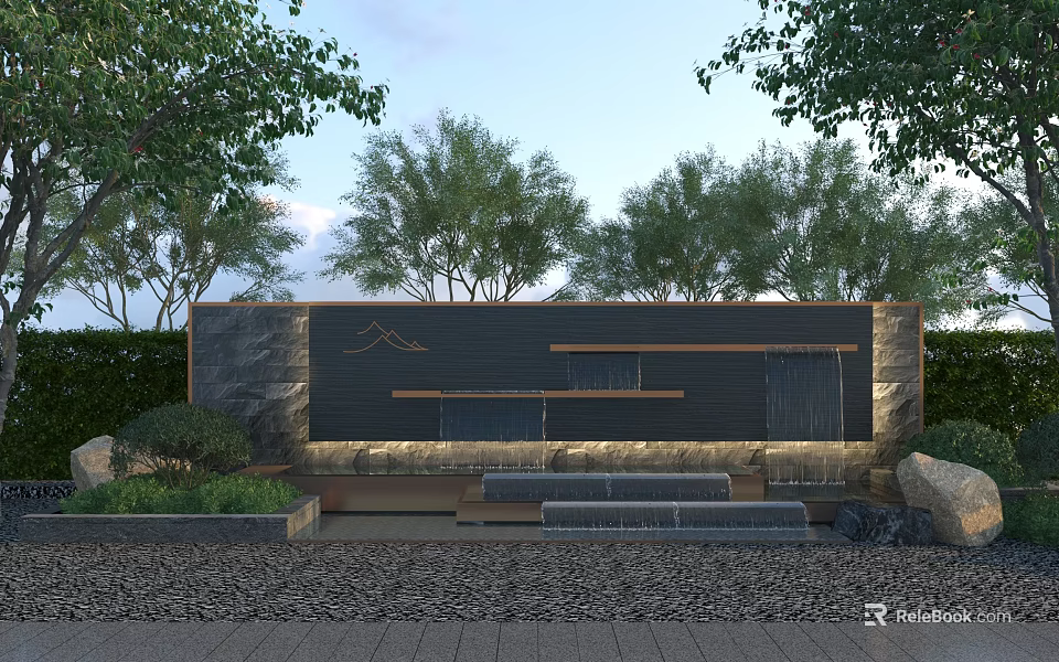 Modern Scenic Feature Wall With Lush Green Trees Waterfall And Natural Landscape Elements 3d model 