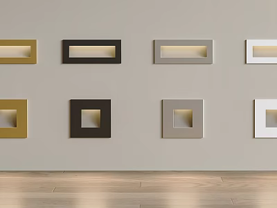 Colorful Square And Rectangular Wall Decorations On Light Wall With Wooden Floor 3d model