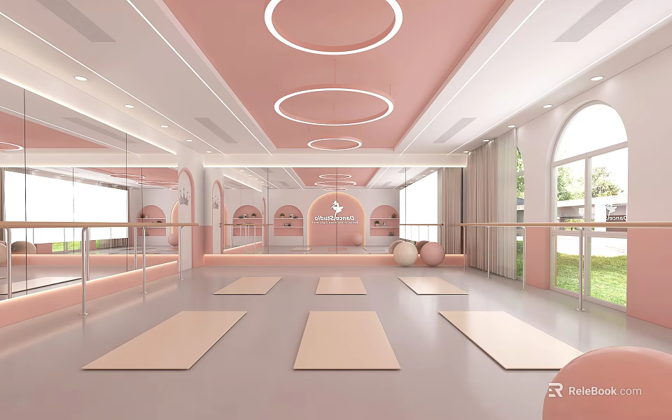 Pink Themed Fitness Studio With Yoga Mats And Mirrors 3d model 