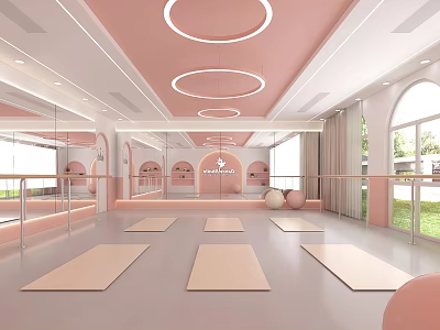 Pink Themed Fitness Studio With Yoga Mats And Mirrors 3d model