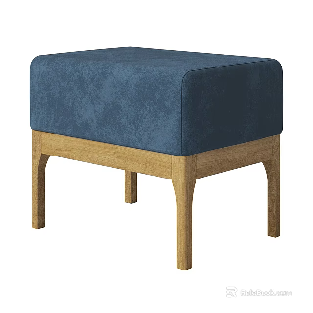 Blue Padded Ottoman With Wooden Legs For Modern Living Room Seating 3d model 