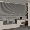 Modern Bay Window with Cushions and Desk Featuring Laptop Lamp and Bookshelf