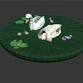 Swan Family On Green Circular Platform With Lotus Leaves And Cygnets