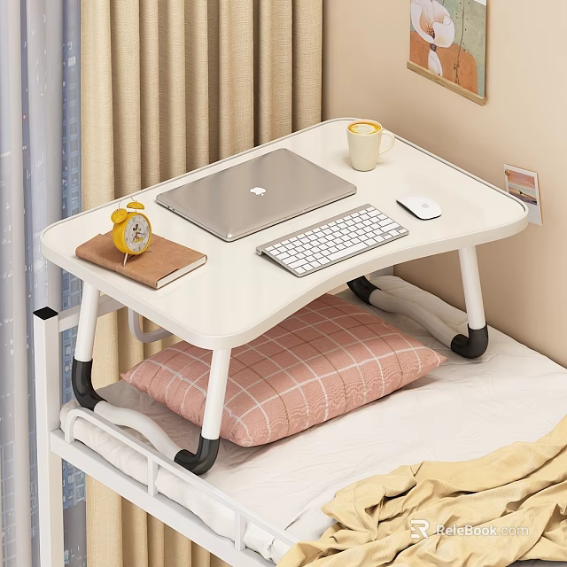 Foldable White Bed Desk With Laptop Keyboard Mouse Alarm Clock Mug And Brown Notebook 3d model 