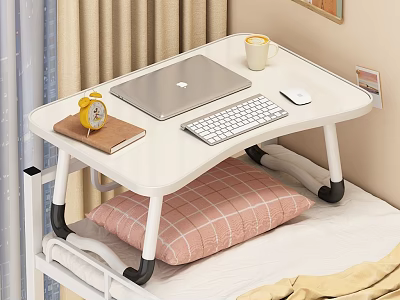 Foldable White Bed Desk With Laptop Keyboard Mouse Alarm Clock Mug And Brown Notebook 3d model