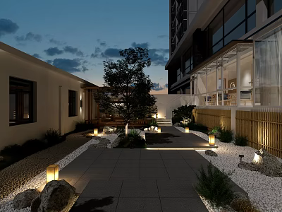 Serene Residential Zen Courtyard Landscape Design With Warm Ambient Night Lighting Natural Stones And Plants 3d model