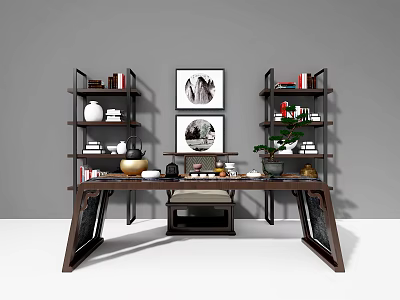 Traditional Wooden Desk With Bookshelves Decorative Paintings Tea Set And Green Plant 3d model