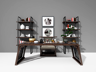 New Chinese Style Desk and Chair Desk Bookcase 3d model