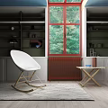 White Curved Leisure Rocking Chair With Small Side Table By Red Window