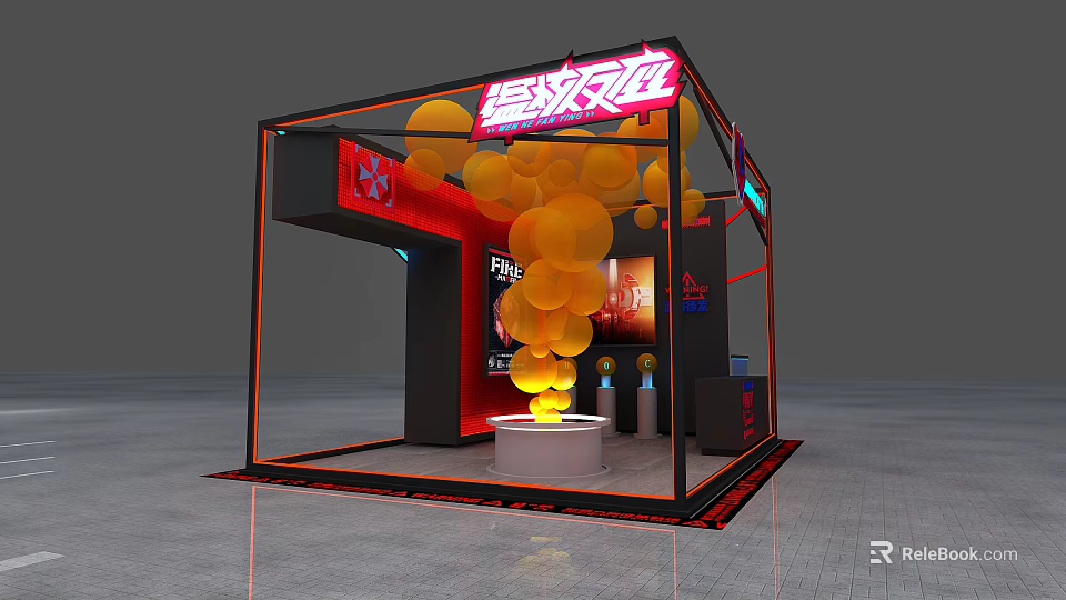 Modern Exhibition Booth With Red Black Frame Neon Sign Yellow Balloons And Display Area 3d model 