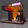 Modern Exhibition Booth With Red Black Frame Neon Sign Yellow Balloons And Display Area