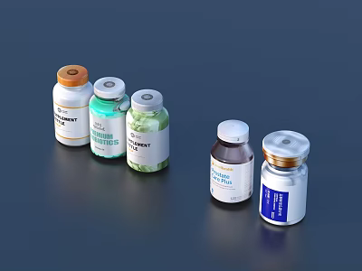Colorful Medicine Bottles With Various Colored Caps And White Labels For Household Use 3d model