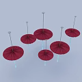 Multiple Red Umbrella Shaped Decorative Lights With Pleated Design On Light Blue Background 3d model