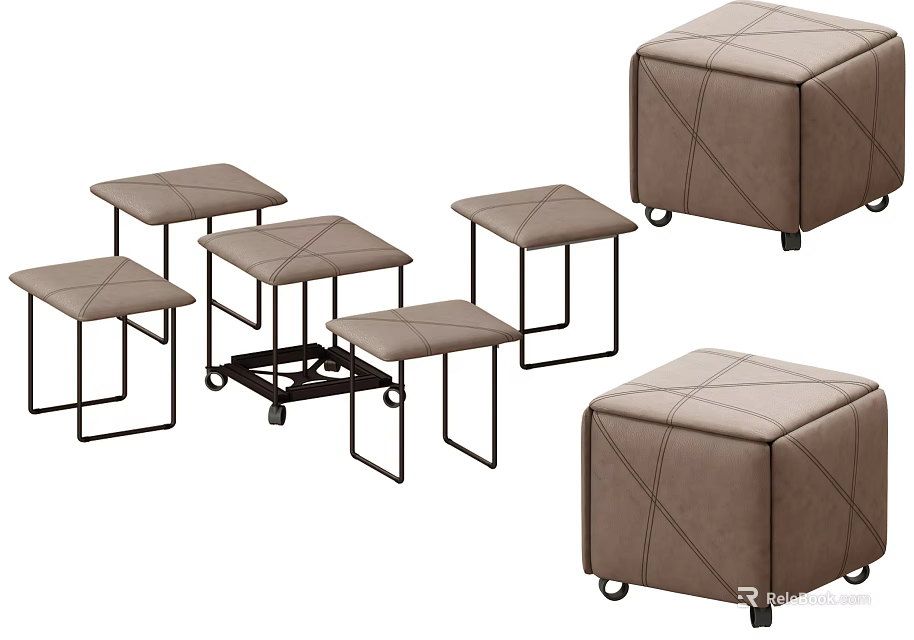 Brown Leather Square Stools With Metal Frames And Rolling Wheels Design 3d model 