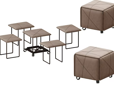 Brown Leather Square Stools With Metal Frames And Rolling Wheels Design 3d model