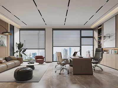 Modern Office Interior Design Featuring Large Windows Blinds City View Desk Sofa And Plants 3d model