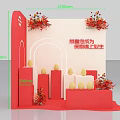 Red Themed Display Platform With Decorative Flowers Yellow Egg Shaped Decorations And Step Design