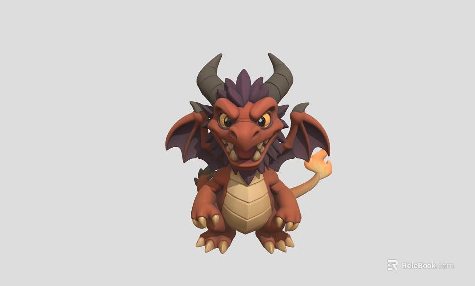 Cute Cartoon Style Fantasy Dragon Character With Purple Horns And Flame Tail 3d model 