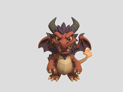 Cute Cartoon Style Fantasy Dragon Character With Purple Horns And Flame Tail 3d model