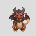 Cute Cartoon Style Fantasy Dragon Character With Purple Horns And Flame Tail
