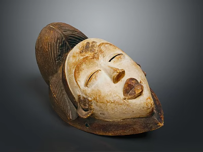 Traditional Wooden Mask With Carved Human Face Features And Intricate Hair Details 3d model