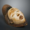 Traditional Wooden Mask With Carved Human Face Features And Intricate Hair Details